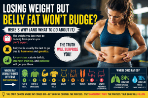 Fitness infographic explaining why belly fat is often the last body fat to disappear during weight loss, showing where fat is commonly lost first, why stubborn fat remains, and how a calorie deficit, hormones, and genetics affect fat loss.