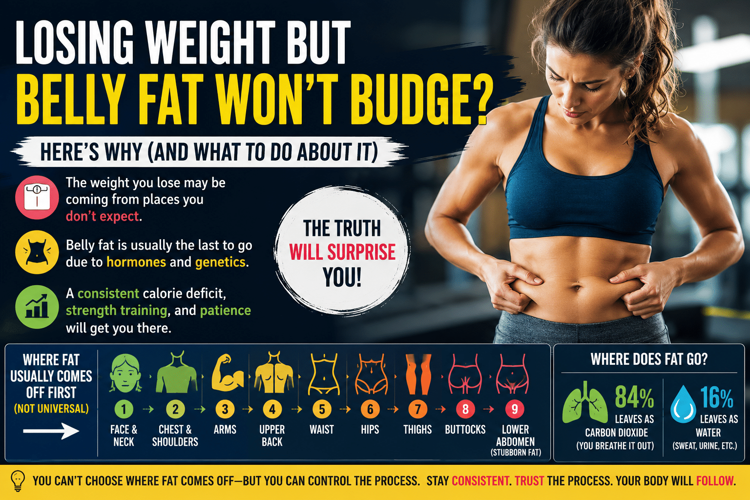 Fitness infographic explaining why belly fat is often the last body fat to disappear during weight loss, showing where fat is commonly lost first, why stubborn fat remains, and how a calorie deficit, hormones, and genetics affect fat loss.