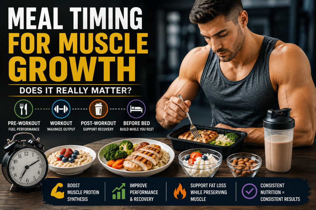 Athlete eating a high-protein meal illustrating meal timing for muscle growth before and after workouts for better recovery.
