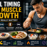Athlete eating a high-protein meal illustrating meal timing for muscle growth before and after workouts for better recovery.