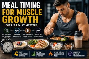 Athlete eating a high-protein meal illustrating meal timing for muscle growth before and after workouts for better recovery.