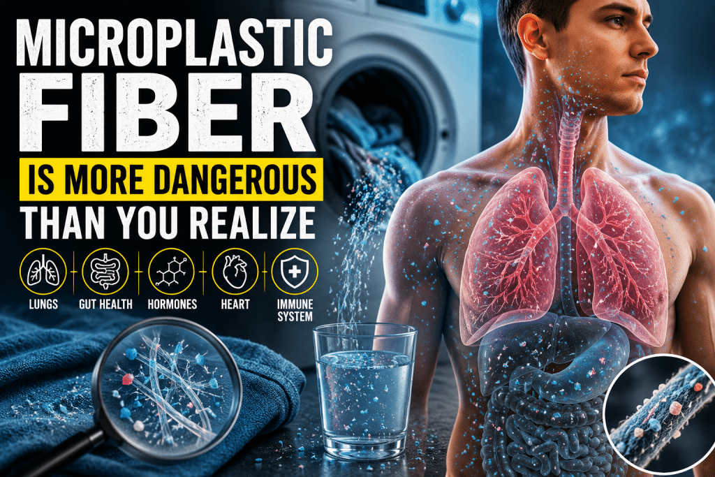 Microplastic fibers entering the human body through air, water, and synthetic clothing, highlighting potential health risks to the lungs, gut, hormones, heart, and immune system.