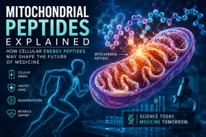 Illustration of a glowing mitochondrion surrounded by peptide chains and a transparent human figure, representing mitochondrial peptides, cellular energy production, healthy aging, neuroprotection, metabolic health, and the future of precision medicine.
