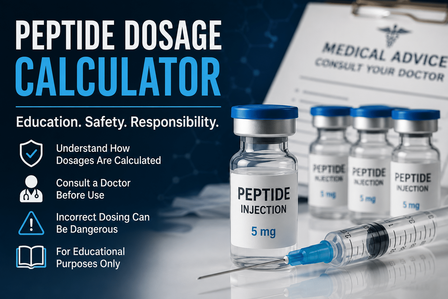 Peptide dosage calculator featured image showing peptide vials, syringe, and medical safety reminder to consult a doctor before use.