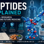Peptides explained illustration showing peptide molecules, a DNA helix, human anatomy, laboratory research vial, and amino acids representing peptide research, safety, and future medicine.