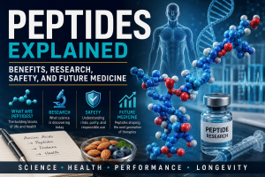 Peptides explained illustration showing peptide molecules, a DNA helix, human anatomy, laboratory research vial, and amino acids representing peptide research, safety, and future medicine.