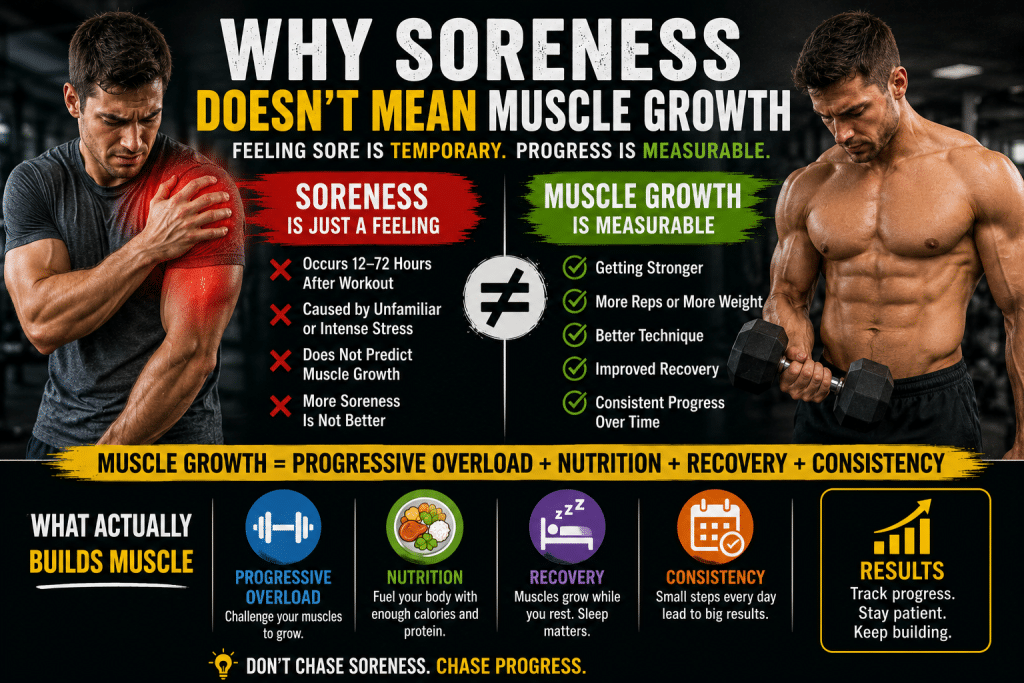 Side-by-side gym comparison showing a sore athlete and a muscular lifter illustrating that muscle soreness does not equal muscle growth, emphasizing progressive overload, nutrition, recovery, and consistency."