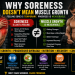 Side-by-side gym comparison showing a sore athlete and a muscular lifter illustrating that muscle soreness does not equal muscle growth, emphasizing progressive overload, nutrition, recovery, and consistency."