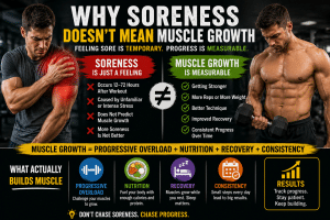 Side-by-side gym comparison showing a sore athlete and a muscular lifter illustrating that muscle soreness does not equal muscle growth, emphasizing progressive overload, nutrition, recovery, and consistency."