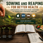 Sowing and reaping health illustration showing seeds growing into plants beside a Bible, healthy food, dumbbells, and fitness equipment, symbolizing how biblical principles and scientific cause and effect lead to better health and fitness.