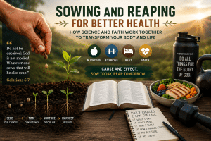 Sowing and reaping health illustration showing seeds growing into plants beside a Bible, healthy food, dumbbells, and fitness equipment, symbolizing how biblical principles and scientific cause and effect lead to better health and fitness.