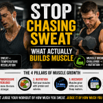 Two men in a gym illustrating that sweat does not build muscle, comparing heavy sweating with effective strength training, progressive overload, nutrition, recovery, and consistency for muscle growth.