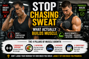 Two men in a gym illustrating that sweat does not build muscle, comparing heavy sweating with effective strength training, progressive overload, nutrition, recovery, and consistency for muscle growth.