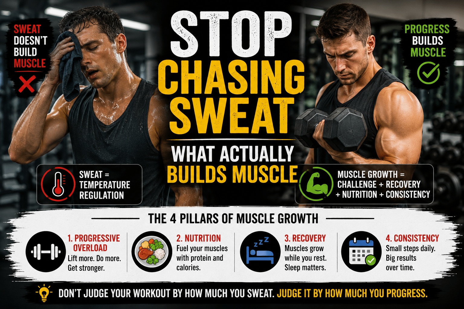 Two men in a gym illustrating that sweat does not build muscle, comparing heavy sweating with effective strength training, progressive overload, nutrition, recovery, and consistency for muscle growth.