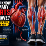 Medical illustration showing a human heart beside the calf muscles with arrows demonstrating how the calf muscles help pump blood from the feet back to the heart. Bold headline reads, 'Do You Know How Many Hearts You Have? The Answer Will Surprise You,' explaining the calf muscles as the body's 'second heart' that supports circulation.