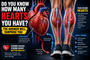 Medical illustration showing a human heart beside the calf muscles with arrows demonstrating how the calf muscles help pump blood from the feet back to the heart. Bold headline reads, 'Do You Know How Many Hearts You Have? The Answer Will Surprise You,' explaining the calf muscles as the body's 'second heart' that supports circulation.