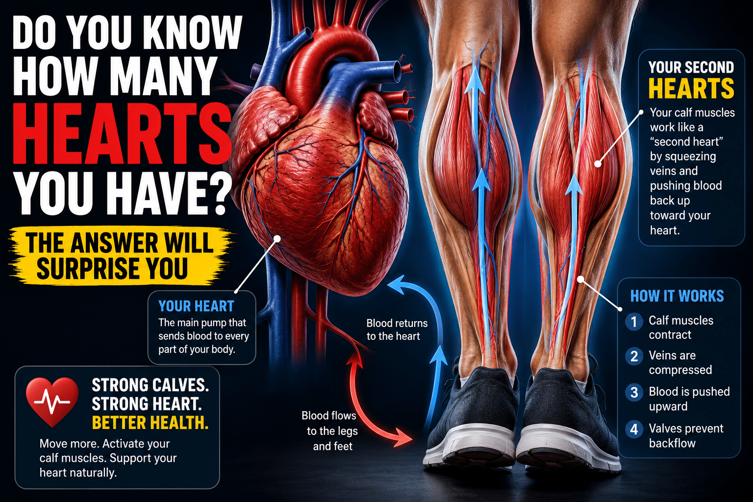 Medical illustration showing a human heart beside the calf muscles with arrows demonstrating how the calf muscles help pump blood from the feet back to the heart. Bold headline reads, 'Do You Know How Many Hearts You Have? The Answer Will Surprise You,' explaining the calf muscles as the body's 'second heart' that supports circulation.