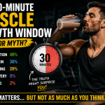 Muscular man drinking a protein shake after a workout beside a stopwatch illustrating the 30-minute muscle growth window myth and post-workout protein timing for muscle growth.