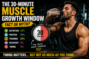 Muscular man drinking a protein shake after a workout beside a stopwatch illustrating the 30-minute muscle growth window myth and post-workout protein timing for muscle growth.