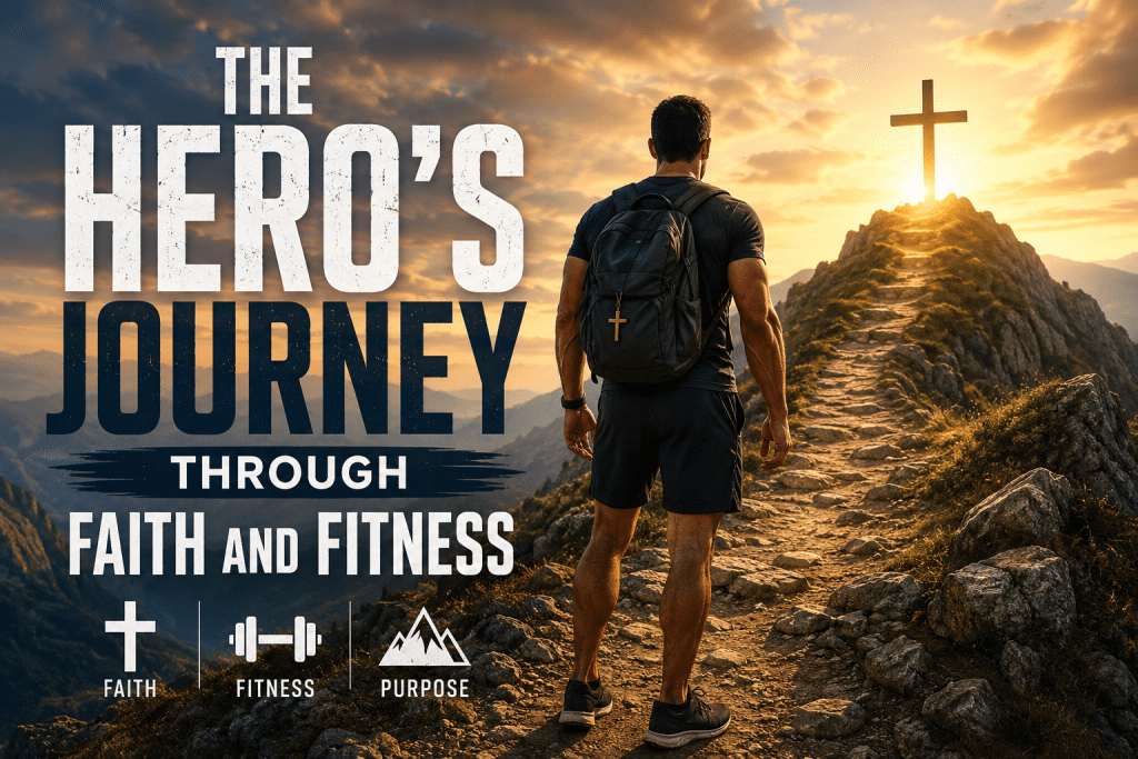 A fit man wearing a backpack with a cross pendant stands at the base of a rugged mountain trail, looking toward a glowing cross on the summit at sunrise, symbolizing the hero's journey through faith, fitness, purpose, perseverance, and spiritual growth.