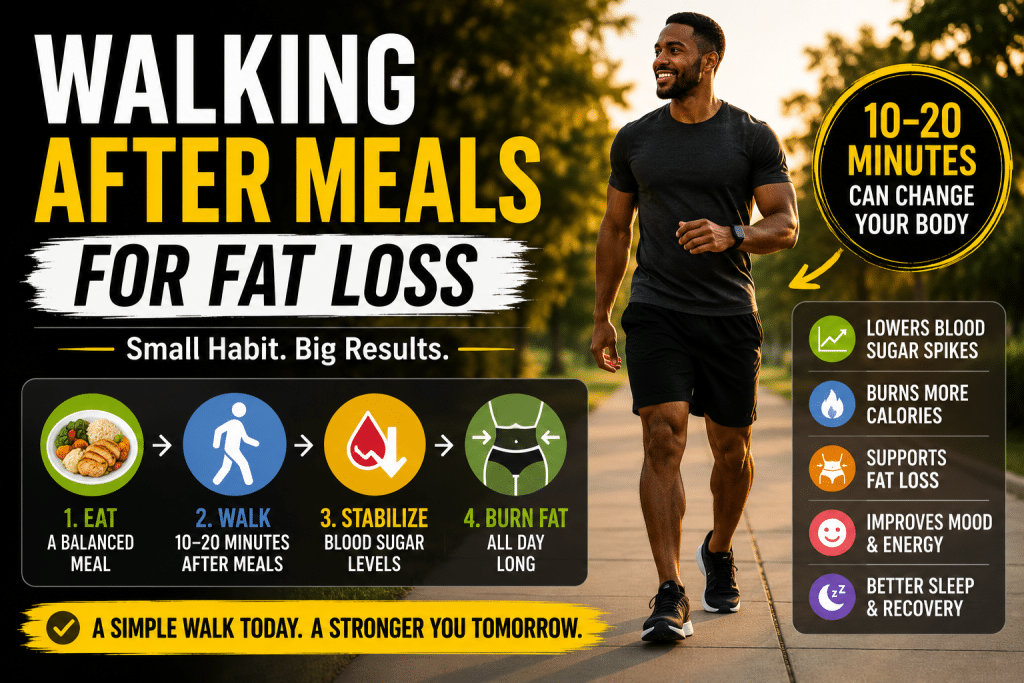 Person walking outdoors after a meal to support fat loss, improve blood sugar control, and boost metabolism through daily walking.