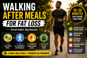 Person walking outdoors after a meal to support fat loss, improve blood sugar control, and boost metabolism through daily walking.