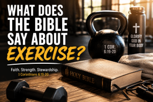 Bible on a gym bench beside a kettlebell and dumbbell illustrating what the Bible says about exercise and Christian fitness.