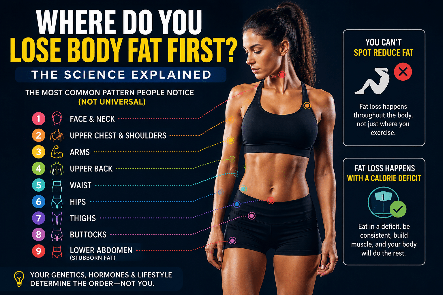 Infographic showing the most common pattern of body fat loss, beginning with the face and neck and progressing through the upper body, waist, hips, thighs, buttocks, and lower abdomen, while explaining that genetics, hormones, and a calorie deficit determine where fat is lost first."