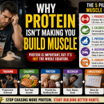 Man holding a protein shake in the gym illustrating why eating more protein alone does not build muscle without progressive overload, adequate calories, recovery, and consistency.