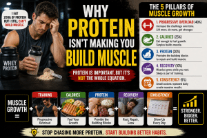 Man holding a protein shake in the gym illustrating why eating more protein alone does not build muscle without progressive overload, adequate calories, recovery, and consistency.