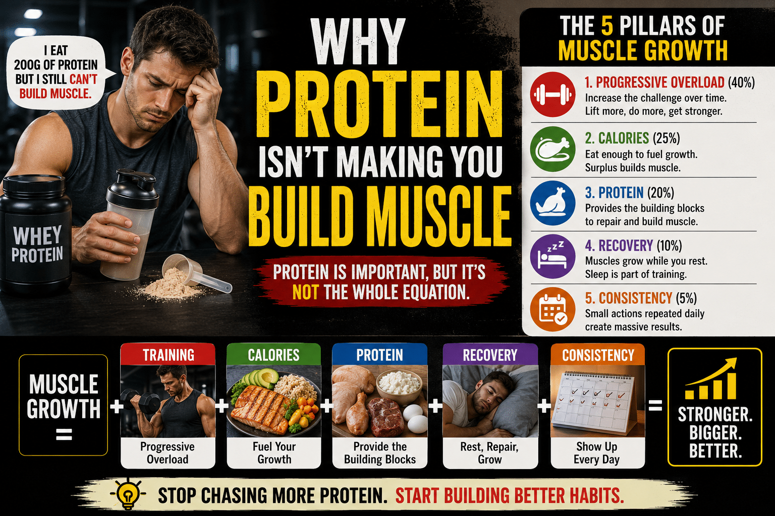 Man holding a protein shake in the gym illustrating why eating more protein alone does not build muscle without progressive overload, adequate calories, recovery, and consistency.
