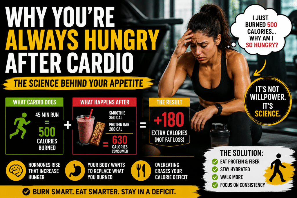 Woman resting after a cardio workout illustrating why people feel hungry after cardio and how post-workout appetite can affect fat loss.
