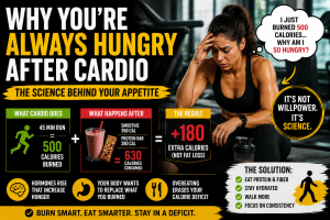 Woman resting after a cardio workout illustrating why people feel hungry after cardio and how post-workout appetite can affect fat loss.