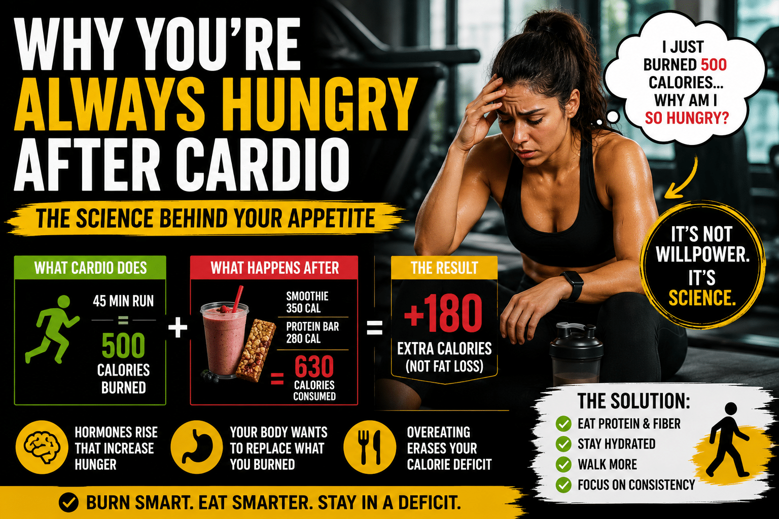 Woman resting after a cardio workout illustrating why people feel hungry after cardio and how post-workout appetite can affect fat loss.