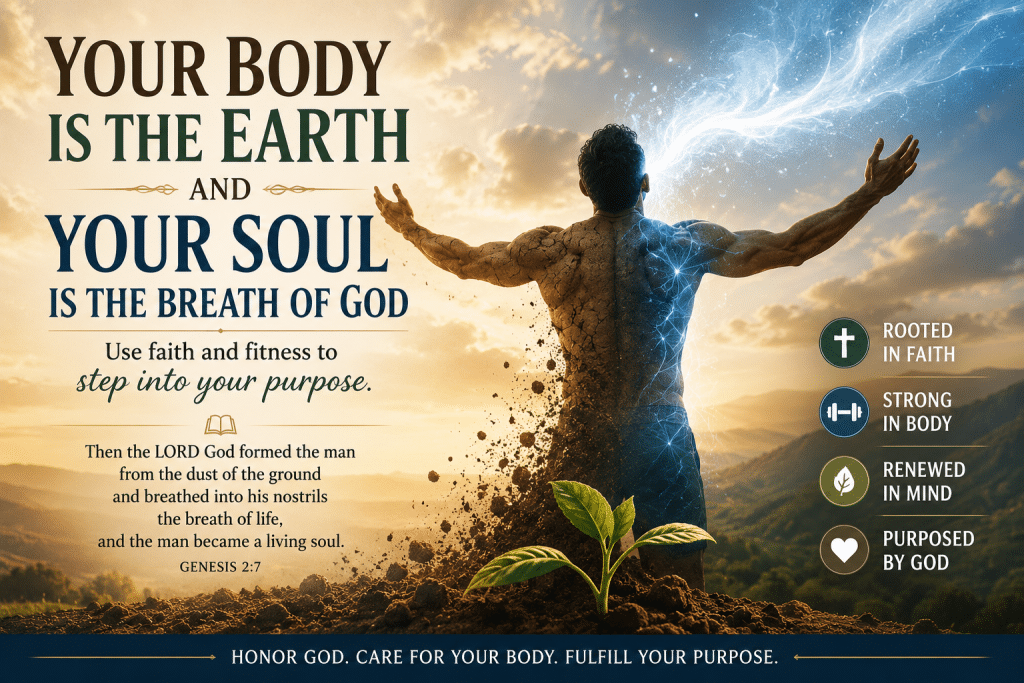 Body soul connection Bible illustration showing a person formed from the earth with God's breath bringing life, symbolizing Genesis 2:7, biblical stewardship, faith, purpose, and healthy living.