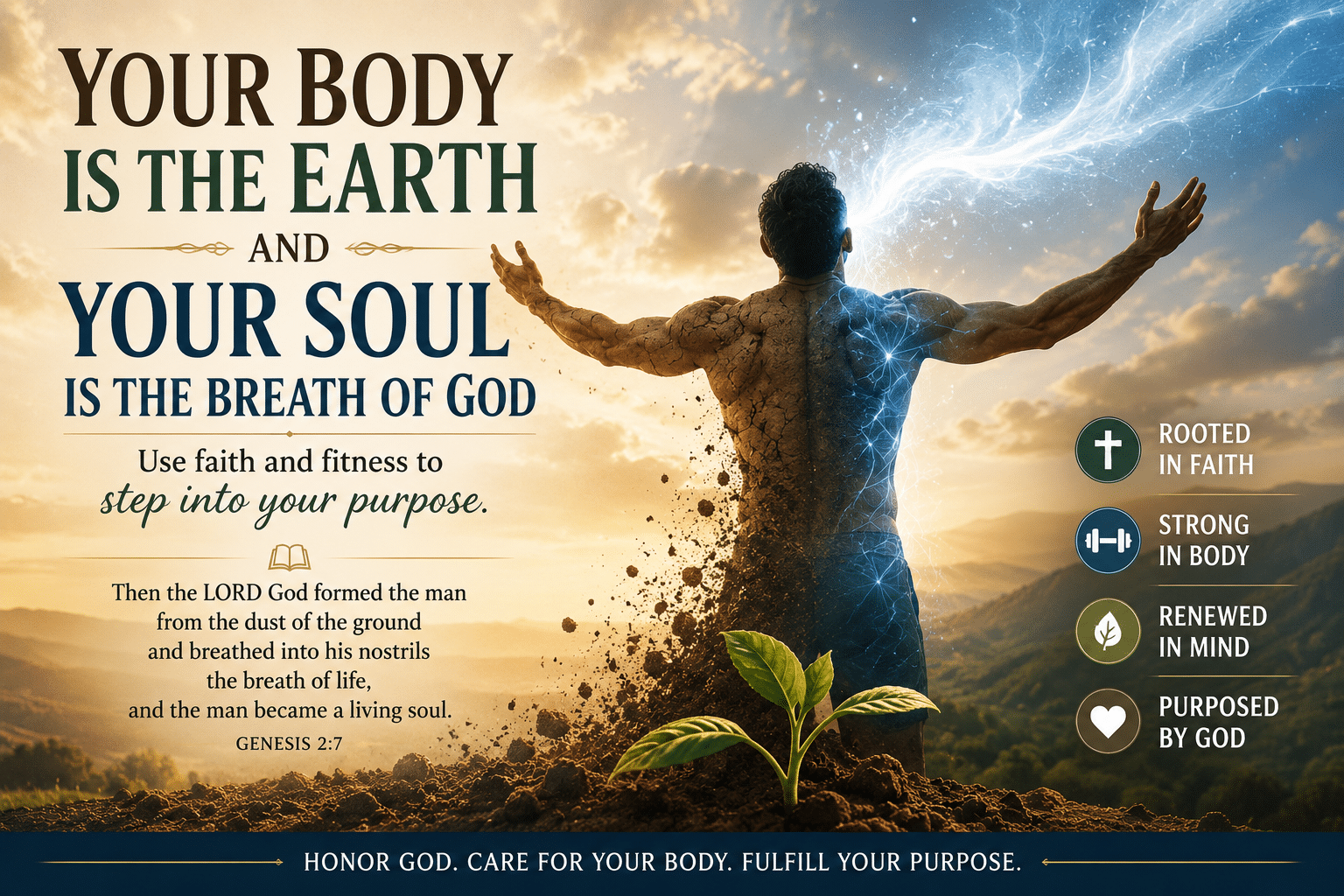 Body soul connection Bible illustration showing a person formed from the earth with God's breath bringing life, symbolizing Genesis 2:7, biblical stewardship, faith, purpose, and healthy living.